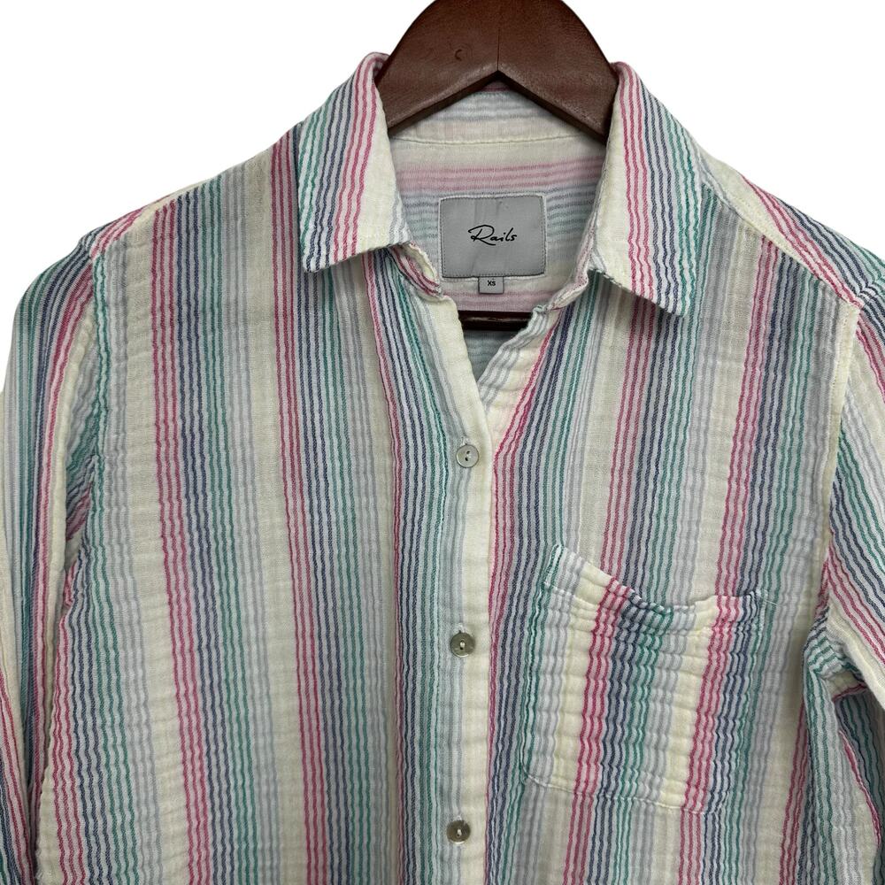 Rails Ellis Button Down Shirt Iris Stripe Size XS Rainbow Lightweight Pastel - Picture 9 of 16